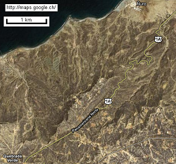 La zona de serpentinas de la
                            Panamericana Norte entre uro y Quebrada
                            Verde, foto satelital de google maps