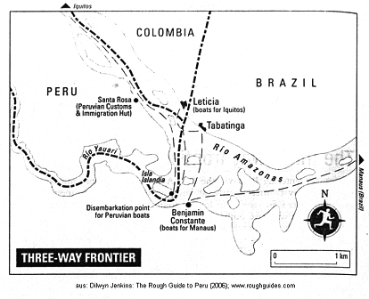 Map of the three-way frontier region
                          Santa Rosa (Per, Peruvian Customs and
                          Immigration hut), Leticia (Colombia, with
                          boats for Iquitos), with Tabatinga (Brazil),
                          and with Benjamin Constante (Brazil, boats for
                          Manaus), with the the island Islandia (Per)
                          in the mouth of Ro Yauar to the Ro
                          Amazonas.