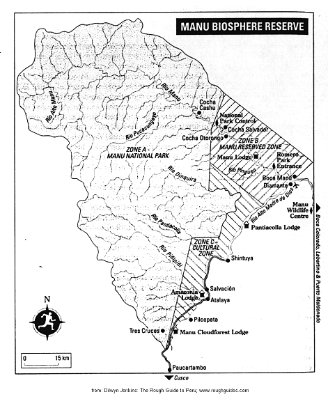 Map of the Manu Biosphere Reserve with Zones A, B,
                and C and tourist locations