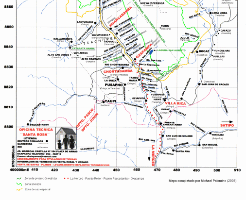 Karte mit der Strecke von La Merced
                            zur Reiter-Brcke, Paucartambo-Brcke und
                            ber den Scheitel bis Oxapampa