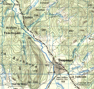 Karte der Region Oxapampa 1:100.000 mit
                        Tsachopen, ergnzt durch Michael Palomino; Blatt
                        "Oxapampa", 1:100.000, Edition: 1-DMA
                        (IGN), Serie: J631, Blatt: 1849 (22-m);
                        Geografisch-militrisches Institut (Instituto
                        geografico militar), Avenida Aramburu, Block 11
                        (cuadra 11), Surco, Lima
