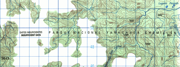 Karte des Yanesha / Amuesha-Nationalparks
                        mit der Angabe "unzureichende Angaben"
                        ("datos insuficientes") mit
                        ausgesparten Berggipfeln. Kartenblatt
                        "Iscozacn", 1:100.000, Edition:
                        1-IGN, Serie: J631, Blatt: 1850 (21-m);
                        Geografisch-militrisches Institut (Instituto
                        geografico militar), Avenida Aramburu, Block 11
                        (cuadra 11), Surco, Lima